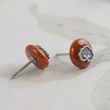 925 Silver Hetian Jade Stud Earrings Retro Ethnic Red Jewelry