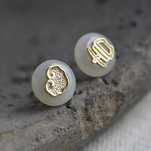 925 Silver Hetian Jade Stud Earrings Retro Ethnic Red Jewelry