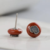925 Silver Hetian Jade Stud Earrings Retro Ethnic Red Jewelry