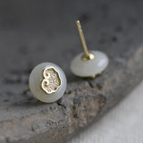 925 Silver Hetian Jade Stud Earrings Retro Ethnic Red Jewelry