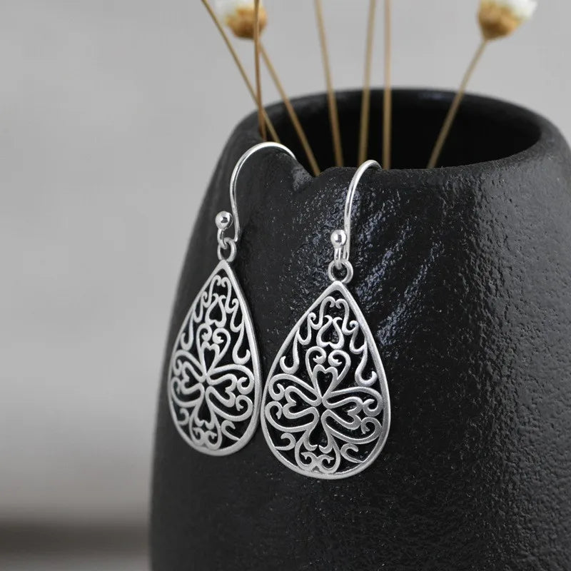 925 Silver Dangle Earrings Hollow Drop Vintage Jewelry Ethnic