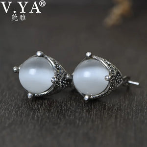 925 Sterling Silver Opal Stone Drop Earrings Vintage Jewelry Brincos