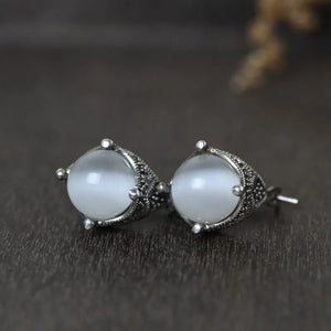 925 Sterling Silver Opal Stone Drop Earrings Vintage Jewelry Brincos