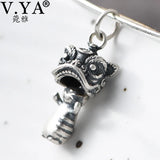 925 Silver Lion Dance Charm Pendant Literary Style Cat Clavicle Jewelry