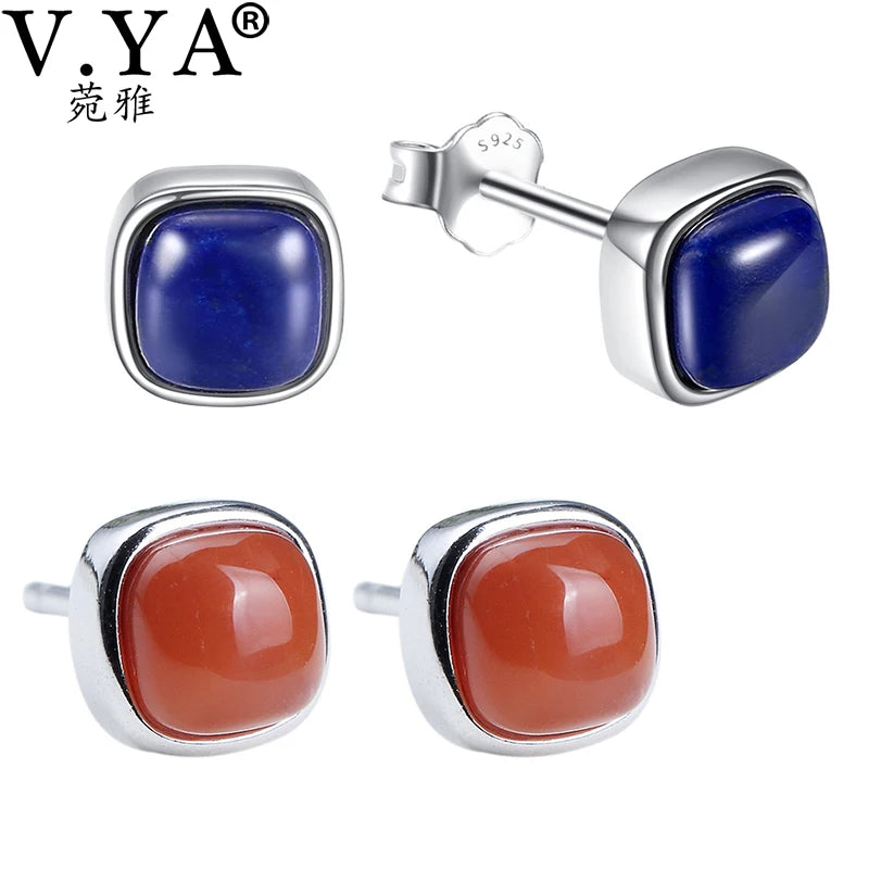 925 Sterling Silver Lapis Lazuli Earrings Vintage Square Shape