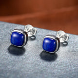 925 Sterling Silver Lapis Lazuli Earrings Vintage Square Shape