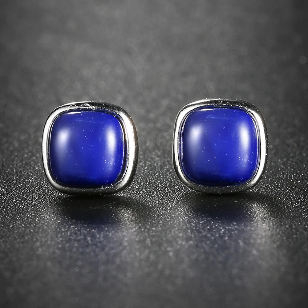 925 Sterling Silver Lapis Lazuli Earrings Vintage Square Shape