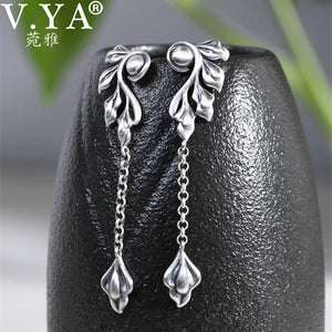925 Silver Tree Leaf Earrings Thai Vintage Jewelry Gift
