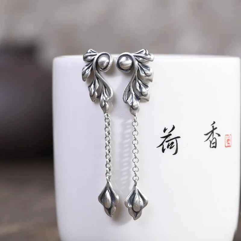 925 Silver Tree Leaf Earrings Thai Vintage Jewelry Gift