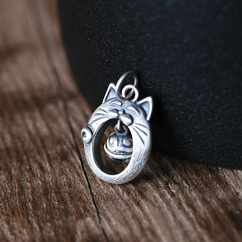 Sterling Silver Vintage Art Cat Pendant Silver Bell Clavicle Chain