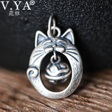Sterling Silver Vintage Art Cat Pendant Silver Bell Clavicle Chain