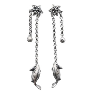 925 Silver Art Fish Earrings Vintage Women's Flower Tassel Party Jewelry