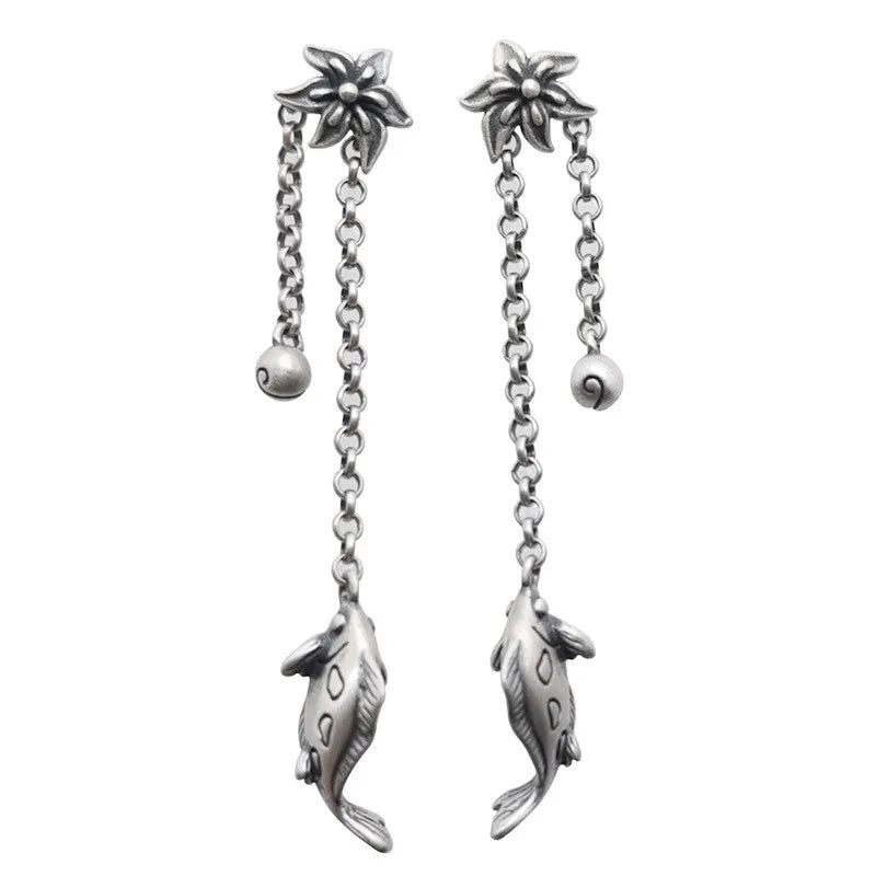 925 Silver Art Fish Earrings Vintage Women's Flower Tassel Party Jewelry