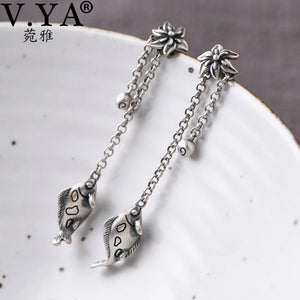 925 Silver Art Fish Earrings Vintage Women's Flower Tassel Party Jewelry
