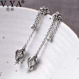 925 Silver Art Fish Earrings Vintage Women's Flower Tassel Party Jewelry