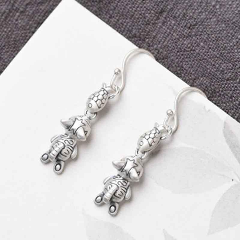 925 Silver Vintage Fish & Kitten Earrings, Party Jewelry