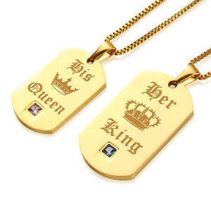 Couple Necklaces Stainless Steel Pendant King & Queen Crown Tag Chains