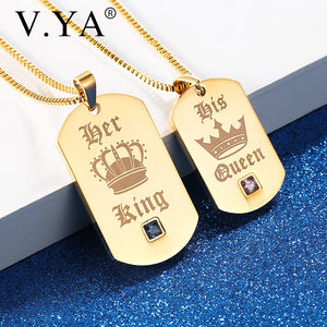 Couple Necklaces Stainless Steel Pendant King & Queen Crown Tag Chains