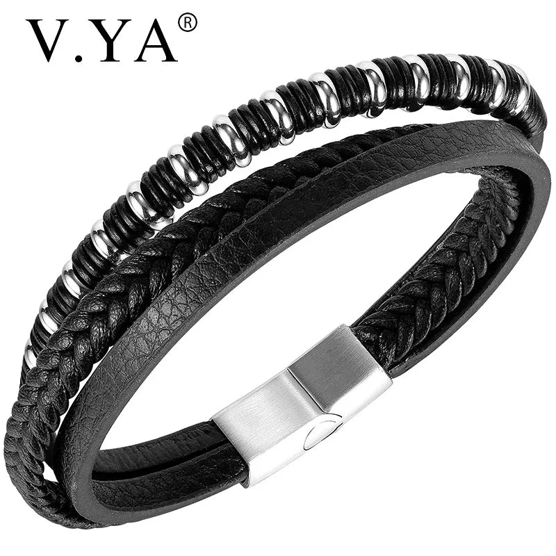 Men's Leather Bracelet Titanium Steel Bangle