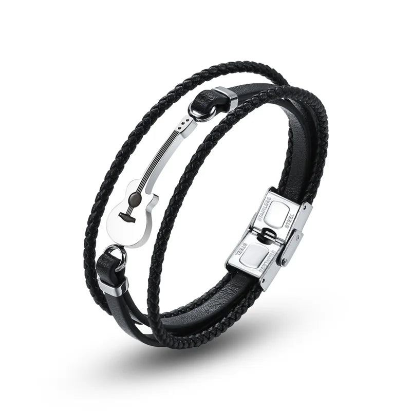Multilayer Leather Guitar Engraved Bracelets