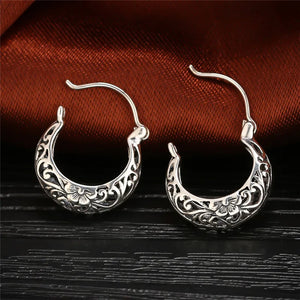 925 Sterling Silver Moon Shape Hoop Earrings Vintage Floral Women Jewelry