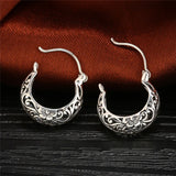 925 Sterling Silver Moon Shape Hoop Earrings Vintage Floral Women Jewelry