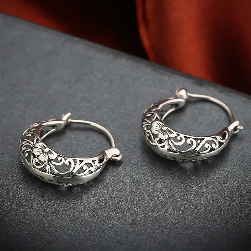 925 Sterling Silver Moon Shape Hoop Earrings Vintage Floral Women Jewelry