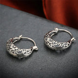 925 Sterling Silver Moon Shape Hoop Earrings Vintage Floral Women Jewelry