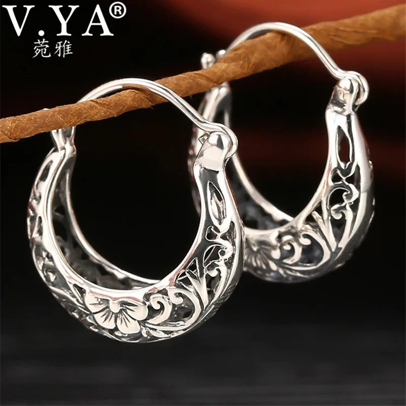 925 Sterling Silver Moon Shape Hoop Earrings Vintage Floral Women Jewelry