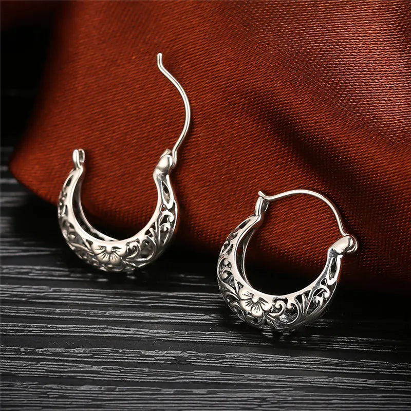 925 Sterling Silver Moon Shape Hoop Earrings Vintage Floral Women Jewelry