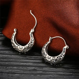 925 Sterling Silver Moon Shape Hoop Earrings Vintage Floral Women Jewelry