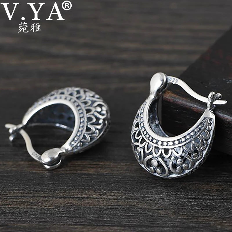 925 Silver Flower Moon Hollow Earrings Retro Ethnic Jewelry