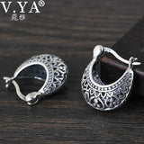 925 Silver Flower Moon Hollow Earrings Retro Ethnic Jewelry