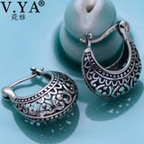 925 Silver Flower Moon Hollow Earrings Retro Ethnic Jewelry