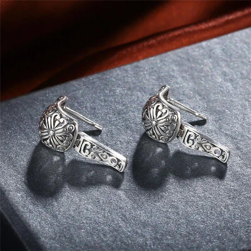 Vintage Style 925 Sterling Silver Hollow Hoop Floral Earrings
