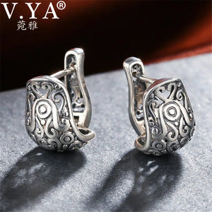 Vintage Style 925 Sterling Silver Hollow Hoop Floral Earrings