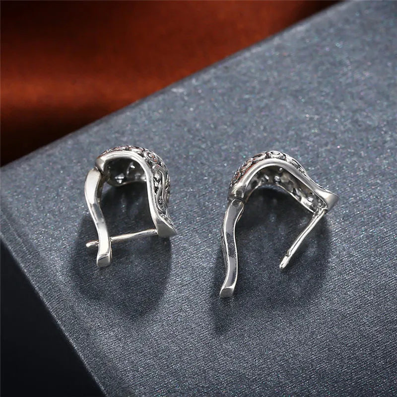 Vintage Style 925 Sterling Silver Hollow Hoop Floral Earrings