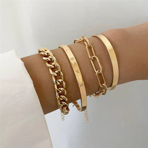 Punk Layered Chain Cuban Bracelets Set Charm Cuff Bangle Adjustable