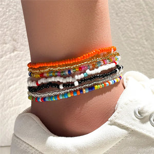 7pcs Beaded Rainbow Elastic Anklet Bracelet Set for Leg Foot