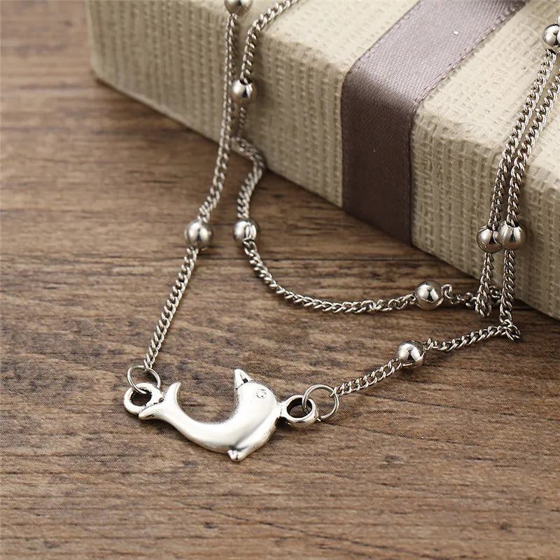 Vintage Dolphin Anklet Bracelet Silver Beads Anklet For Women Beach Jewelry