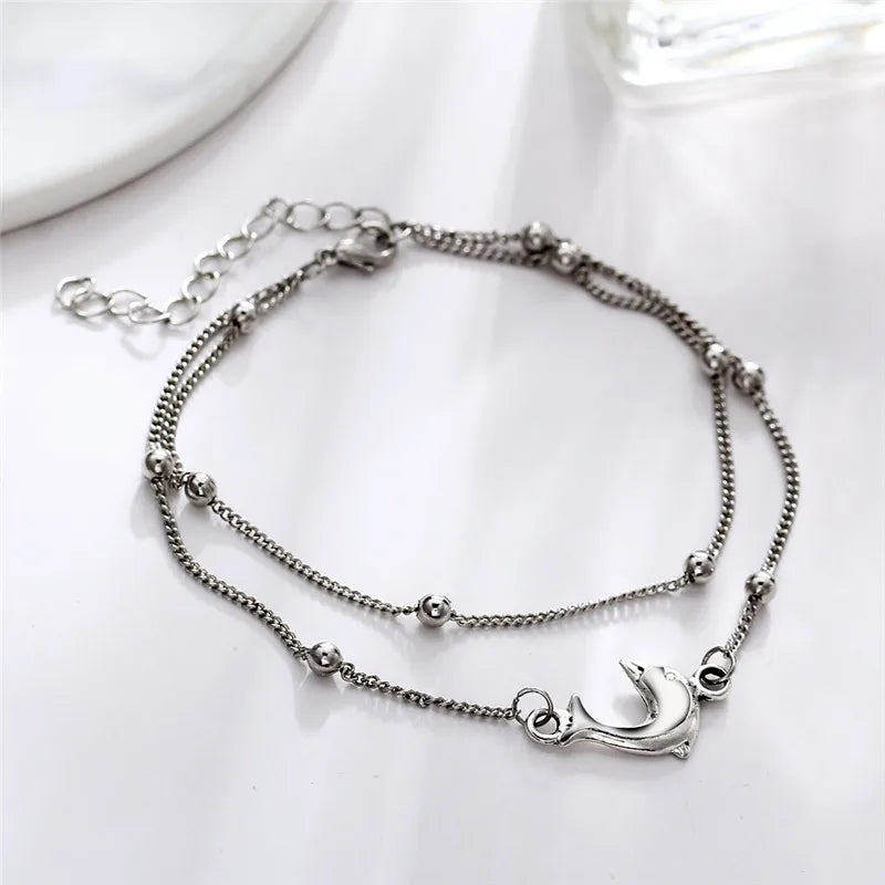 Vintage Dolphin Anklet Bracelet Silver Beads Anklet For Women Beach Jewelry