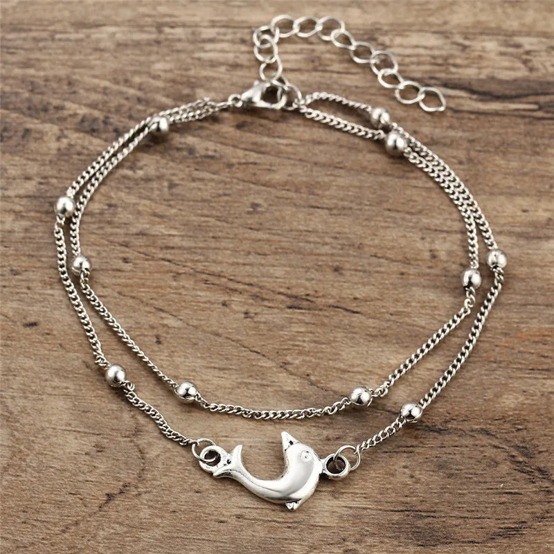 Vintage Dolphin Anklet Bracelet Silver Beads Anklet For Women Beach Jewelry