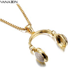 Music Headset Pendant Earphone Colar Hiphop Jewelry CZ Crystal Brass