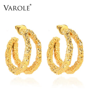 Double Line Texture Hoop Earrings for Women Statement Metal Big Hoops