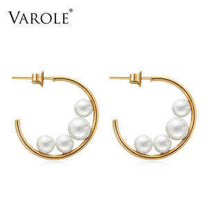 C Shape Pearl Silver Hoop Earrings Wedding Jewelry