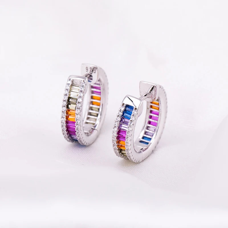 925 Silver Round Zircon Hoop Earrings Sweet & Ladies Rainbow Matching