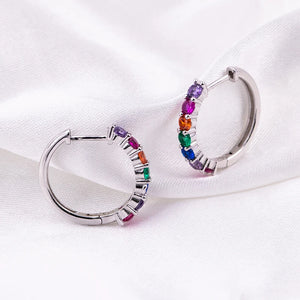 925 Sterling Silver Zircon Hoop Earrings Small Rainbow CZ Studs