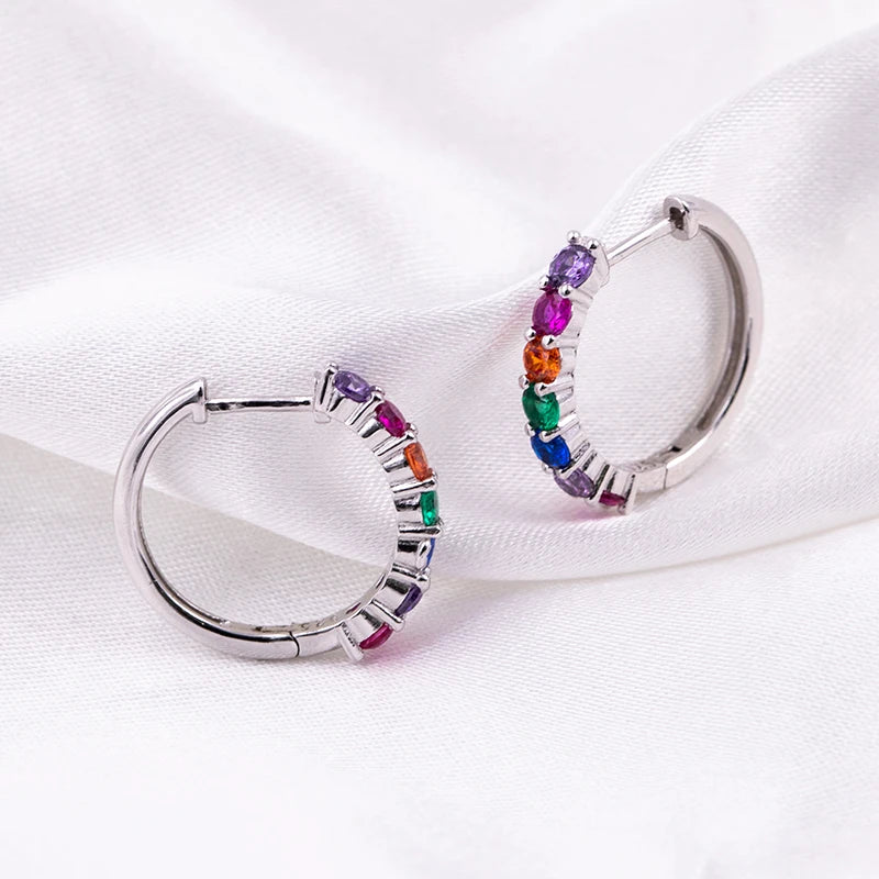 925 Sterling Silver Zircon Hoop Earrings Small Rainbow CZ Studs