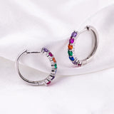 925 Sterling Silver Zircon Hoop Earrings Small Rainbow CZ Studs