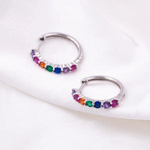925 Sterling Silver Zircon Hoop Earrings Small Rainbow CZ Studs
